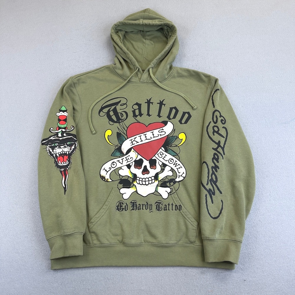 Ed Hardy Hoodie Mens XL Green Tattoo Love Kills Slowly Skull Graphic Skater